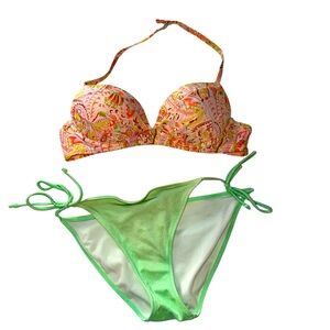 Y2K!!! VICTORIA SECRET SWIM SET Bikini Top 34A Fabulous Padded Orange Pink Under
